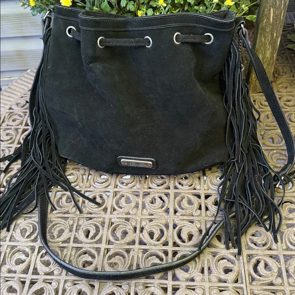 Steve Madden Black Suede Leather fringed crossbody handbag. 10”x12”x3”. Like new